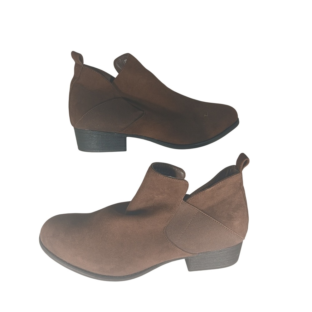 MIA Amore Lourie Ankle Boots 8.5W Brown‎ Faux Suede Memory Foam Low Block Heel